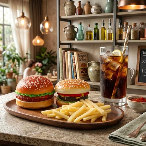 Peohud 2 Pack Artificial Hamburger and 30 Pcs Artificial French Fries, Realistic Fake Food for Display, Faux Beef Burger for Photography Props, Home Kitchen Party Decoration