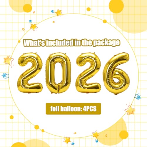 2026 Foil Balloons, Gold Number Balloons, 32 Inch, 4 Pieces, Graduation New Year Eve Festival Party Supplies - style: Aluminum Foil Balloon