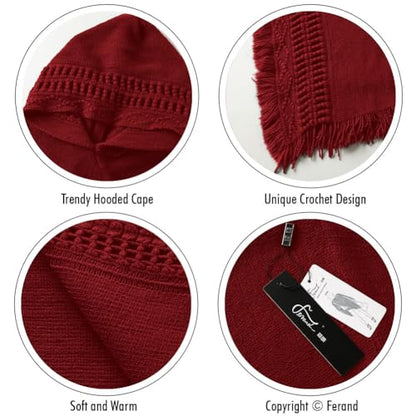 Ferand Women's Witchy Hooded Knit Poncho with Fringe | Witch Cape, Gothic Cloak with Crochet Details for Fall Halloween Boho Style - color: Burgundy