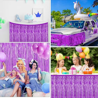 2 Pack 29.5x108 Inch Purple Foil Tinsel Fringe Table Skirts, Disposable Table Skirts for Rectangle Tables Curtains Backdrop Parade Wedding Floats Baby Shower Birthday Mardi Gras Party - color: Purple