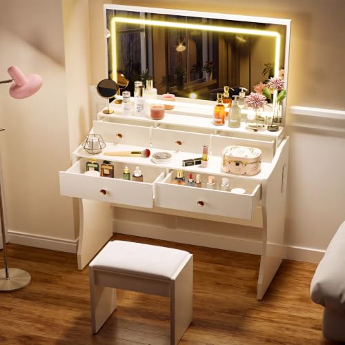COMHOMA Vanity Desk with LED Lights Mirror & Power Outlet, Small Makeup Vanity Table Set with 5 Storage Drawers, 3 Lighting Modes & Adjustable Brightness, Dressing Table for Women Girls Bedroom, White - color: White, size: Large
