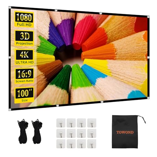 TOWOND Projector Screen 100 inch Projection Screen Indoor Outdoor Washable | Anti-Crease, 16:9 HD Rear Front, Easy Install, for Home Theater, Office Education, Conference Presentation, Public Display