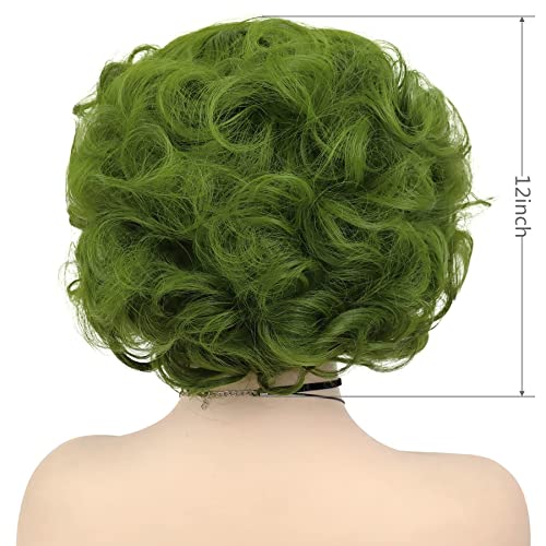 Short Green Curly Wigs For Women Anime Cosplay Halloween Costume Medusa Wig | Olive Green Wig with Side Bangs Fluffy Wavy Layered Party Synthetic Wigs Joker Maven Wig Short Hairstyles Coser Fun Soft - color: Olive Green