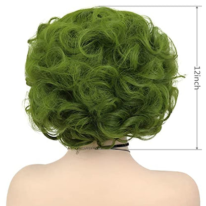 Short Green Curly Wigs For Women Anime Cosplay Halloween Costume Medusa Wig | Olive Green Wig with Side Bangs Fluffy Wavy Layered Party Synthetic Wigs Joker Maven Wig Short Hairstyles Coser Fun Soft - color: Olive Green
