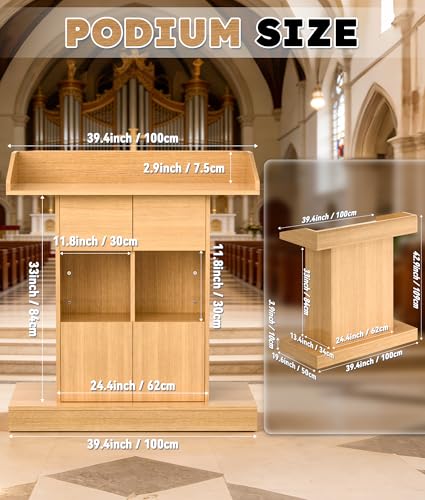 Wood Podium, Wooden Chuch Pulpit Stand, Podium with 3 Levels of Storage, Floor Standing for Office School Home Conference Restaurant Meeting (Yellow)