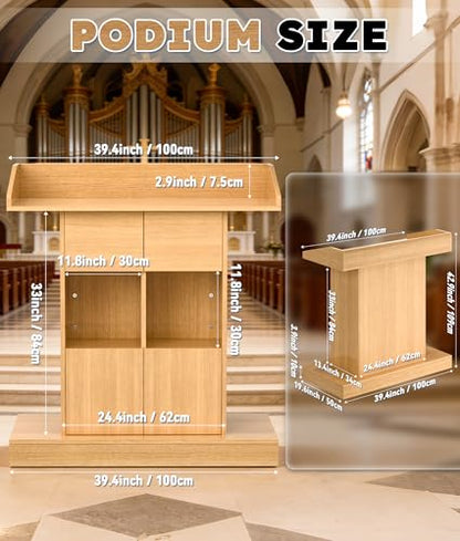 Wood Podium, Wooden Chuch Pulpit Stand, Podium with 3 Levels of Storage, Floor Standing for Office School Home Conference Restaurant Meeting (Yellow)