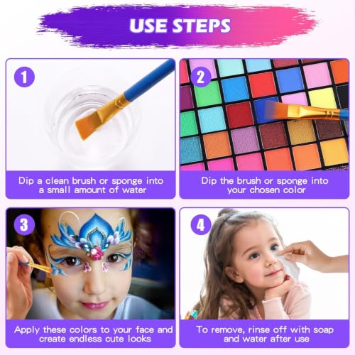 54 Color Face Painting Kit, Face Painting Supplies with Stencils, Gems, Brushes, Sponges, Water Activated Facepaint Makeup Kit for Halloween, Parties, Carnival,School Event