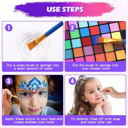 54 Color Face Painting Kit, Face Painting Supplies with Stencils, Gems, Brushes, Sponges, Water Activated Facepaint Makeup Kit for Halloween, Parties, Carnival,School Event