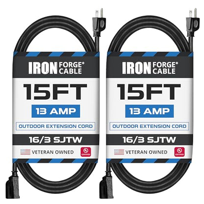 Iron Forge Cable 16 Gauge Heavy Duty Black Extension Cord, 15 Ft - SJTW | 16/3 SJTW Cable, 2 Pack, 3 Prong Grounded Plug, 13 Amp - For Landscaping, Leaf Blowers, Lights, Appliances - size: 15FT-2pk
