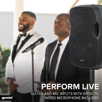Gemini 15" Battery Bluetooth PA Speaker, 500 Watts (AS-15TOGO) | 15" battery PA, 5-8 hr, car charger - Bluetooth, USB, SD, FM, AUX - mic & guitar inputs, echo - size: 15 in