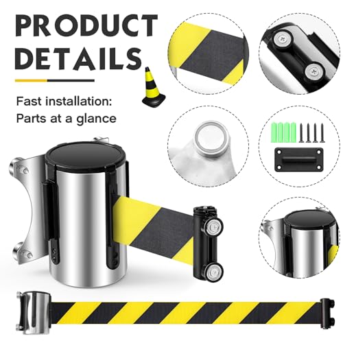1 Pcs 16.4ft Magnetic Wall Mount Retractable Belt Barrier Wall Barrier Tape Crowd Control Safety Belt with Steel Case for Grocery Airports Banks School Retail Store Restaurant, Yellow Black