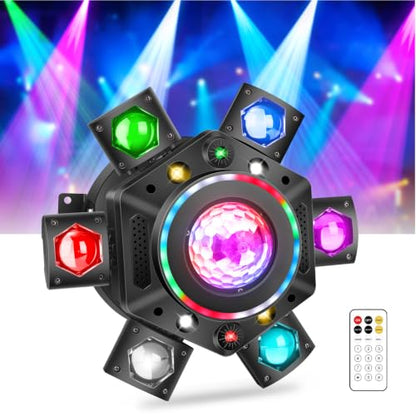 Moving Head DJ Light for Party 150W 6-Arm Remote Control | Disco Ball, LED RGB Ring, Red Green Starry, Strobe Multi Effects. DMX512 Sound Activated. For Stage, Wedding, Club, Events