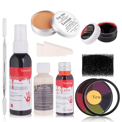 Liquid Latex Scar Wax SFX Makeup Kit with 6 Color Bruise Wheel Face Body Paint+Fake Blood Splatter Spray+Squirt Blood+Coagulated Blood Gel+Spatula Sponges for Halloween Fake Scars Wounds Burns - color: Halloween SFX Makeup Kit (11 Pieces)