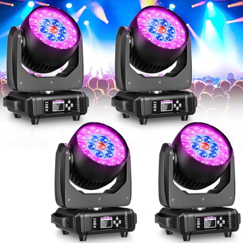 Moving Head Lights 19x15W RGBW 4-in-1 LED Stage Light with Zoom Beam Wash Effect by Sound Activated Auto DMX Control for Wedding DJ Disco Parties Nightclub Show Bar (4 Packs)