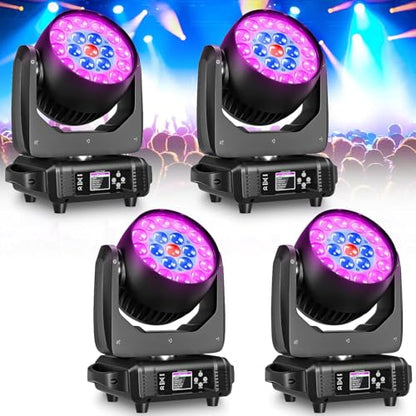 Moving Head Lights 19x15W RGBW 4-in-1 LED Stage Light with Zoom Beam Wash Effect by Sound Activated Auto DMX Control for Wedding DJ Disco Parties Nightclub Show Bar (4 Packs)