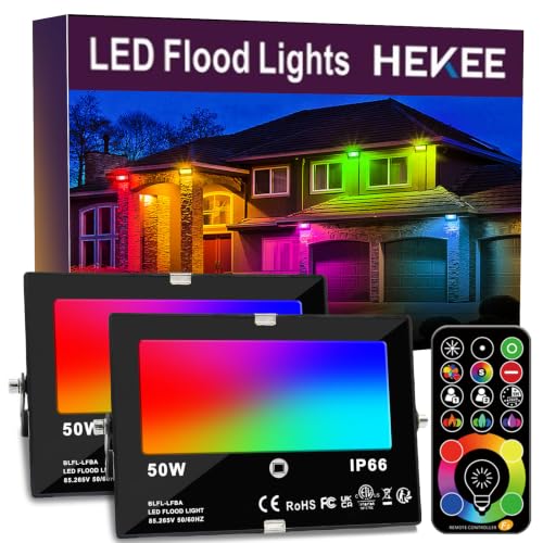 HEKEE LED Flood Light Outdoor, 50W RGB Color Changing Floodlight with Remote Control, RGBW 120 Colors, 2700K, 5000 Lumens, IP66 Waterproof, DIY Strobe Mode, Timing, for Halloween/Christmas (2 Pack)