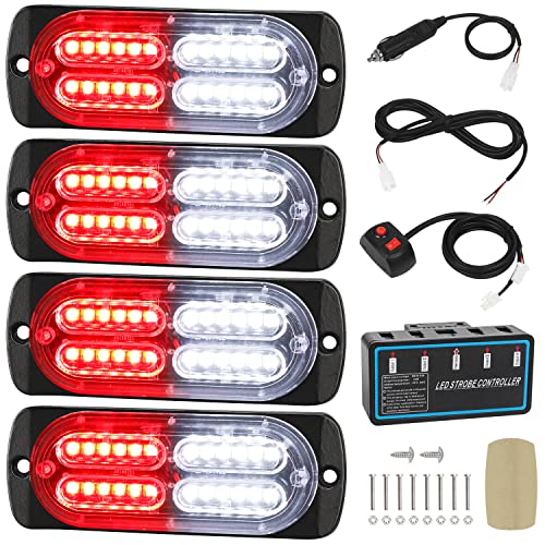 LINKITOM 4pcs Ultra Slim LED Strobe Lights w/Controller, Red/White - color: Red&White