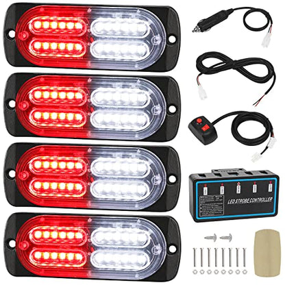 LINKITOM 4pcs Ultra Slim LED Strobe Lights w/Controller, Red/White - color: Red&White