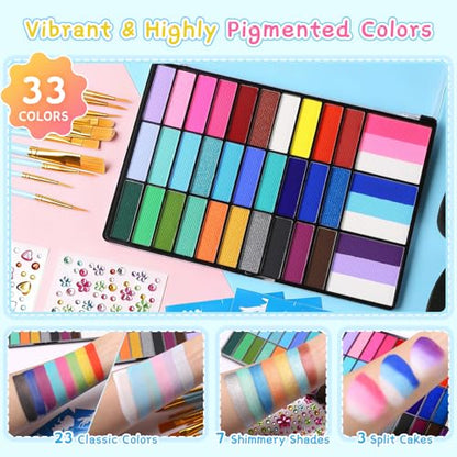 Face Painting Kit, 33 Colors Non-Toxic Face Paint Makeup Palette | Professional Facepaint with Stencils,Split Cake,Brushes,Water Based Face Body Paint Kit for Halloween,Cosplay Party
