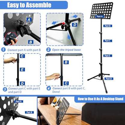 70" Sheet Music Stand with Light & Phone Holder, Portable Music Stand for Sheet Music High Stability, Height Adjustable Music Sheet Stand with Carrying Bag, Music Book Holder（33-70inch - size: 33-70inch