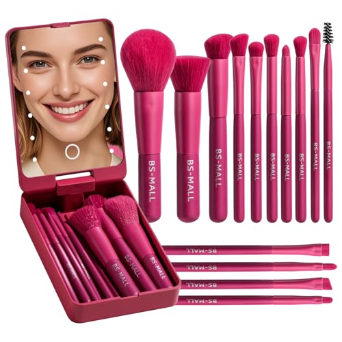 BS-MALL Travel Makeup Brush Set Foundation Powder Concealers Eye Shadows Makeup Set with LED light Mirror 14 Pcs (HotPink) - color: HotPink