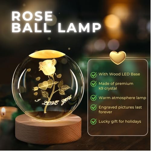 Flexzion 3D Rose Crystal Ball Night Light - LED Light Hologram Glass Lamp with Solid Wood Base, USB Powered Crystal Ball Lamp with Adjustable Brightness for Home Decor Display Gift, 2.4inch(60mm) | Rose Lamp with Solid Beech Wood Base and Adjustable Brigh