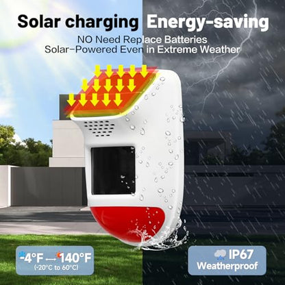 Solar Motion Sensor Alarm - 120dB IP65 Waterproof Security Siren with Remote & Strobe Light, 3 Modes for Yard/Farm/Home, 5-8m Pet-Friendly Detection (Animal Sound (Or You can add Your own Voice)) - style: Animal Sound (Or you can add your own voice)