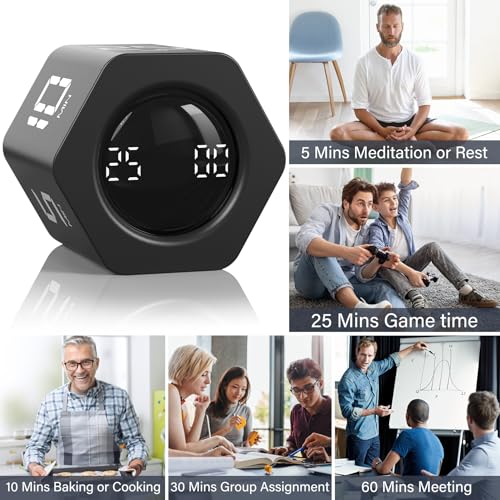 Rotating Productivity Timer 5, 25, 10 30,60 Mins Preset Stopwatch, Desk Flip ProductivityTimer, ADHD Tool Hexagon, Vibration/Mute/Alarm, for Work, Study, Back to School, Kitchen, Black - color: Black