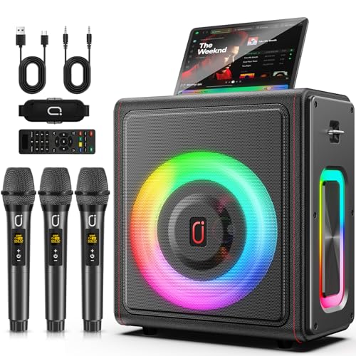 Karaoke Machine for Adults with 3 Wireless Microphones, 300W PA System | Pitch Correction, Bluetooth 5.3, Retro Leather Design, TV Connection, TWS Stereo and Live Performance Support - color: 3MICS