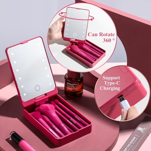 BS-MALL Travel Makeup Brush Set Foundation Powder Concealers Eye Shadows Makeup Set with LED light Mirror 14 Pcs (HotPink) - color: HotPink
