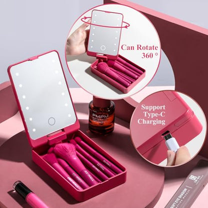 BS-MALL Travel Makeup Brush Set Foundation Powder Concealers Eye Shadows Makeup Set with LED light Mirror 14 Pcs (HotPink) - color: HotPink