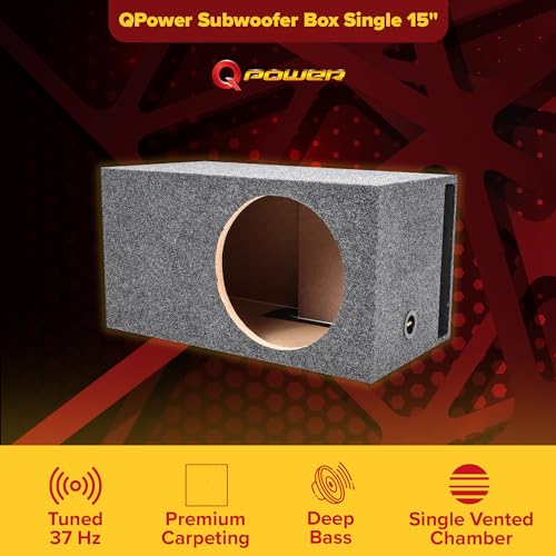 QPower Heavy Duty Single Vented Subwoofer Enclosure, Charcoal Gray, 15 Inch | Carpet Covered, Extra Large 5.3 Cu Ft Air Space, 1 Inch MDF Face & 3/4 In Walls, 37 Hz Tuning, Gold-Tipped Spring Terminals - style: Vented Extra Large