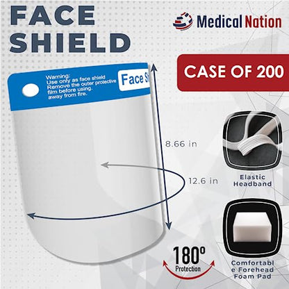 Medical Nation Face Shield | Case of 200 | Clear Plastic Face Shields for Women, Men & Kids, Anti-Fog, Lightweight Reusable Face Shield Mask, Safety Visor Cover with Comfortable Sponge & Elastic Band - style: Case of 200