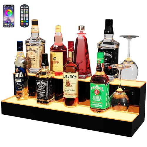 MESAlLUP 24 Inch 2 Tier Lighted Liquor Bottle Display Shelf, LED Bar Shelves with APP or Remote Control, Mulit Color Lighting for Home Mini Bars Decor, Restaurants & Party Use, Acrylic Stand - size: 2 Tiers 24 Inches
