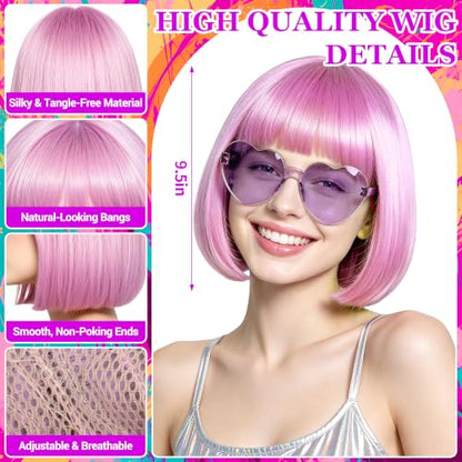 Short Bob Straight Hair Wigs with Bangs, Synthetic Fiber Colorful Hair, Heart-shaped Sunglasses for Women (Pink-Purple) - color: Pink-Purple