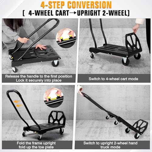 Folding Hand Truck with 4-Wheel Mode, 2 in 1 Collapsible Push Cart & Fold-Up Toe Plate – 300lbs Heavy Duty Dolly Pull Cart with Wheels Portable Hand Truck for delivery, Warehouse & Moving