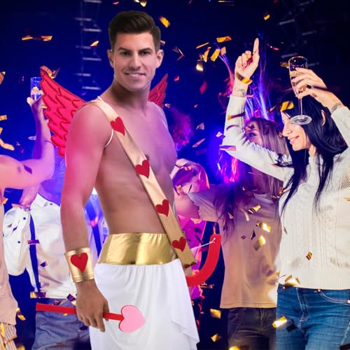 Cozypower 7 Pcs Halloween Cupid Costume Adult Wings Arrow Sash | Include Wings Arrow Bow Wrist Cuffs Body Sash Kilt for Halloween Dress Up - color: Red, size: X-Large