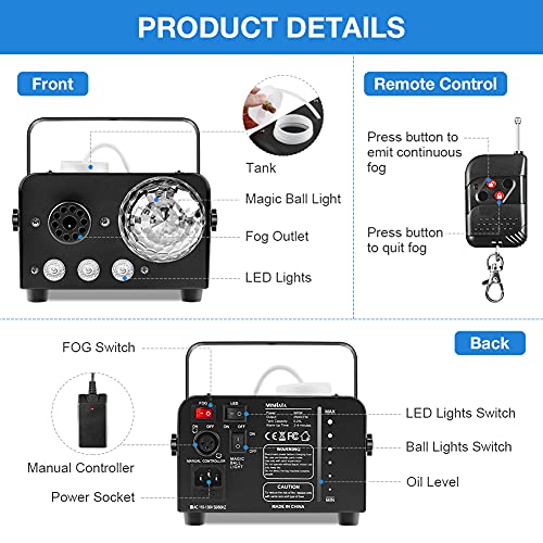 MOSFiATA Fog Machine with Disco Light 600W Smoke Machine RGB LED lights, 2500 CFM Spray, Remote Control, Perfect for Halloween, Christmas, Wedding, Party, Club, DJ Stage Effect