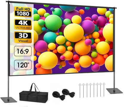 Outdoor Projector Screen with Stand, 120 inch Portable Projection kit 16:9 4K HD Wrinkle-Free Indoor Outdoor Movie Screen with Carry Bag for Home Theater and Backyard Movie Night - size: 120 inch