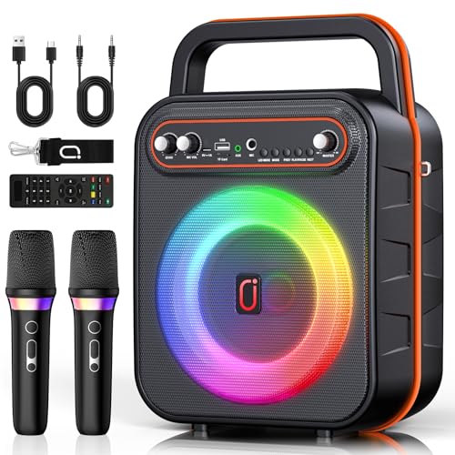 JYX Karaoke Machine for Adults & Kids, Portable Bluetooth Speaker with 2 Wireless Microphones, PA System Treble & Bass with LED Lights, Supports USB/AUX/TF/FM/REC for Home Party Outdoors - color: Metta Black