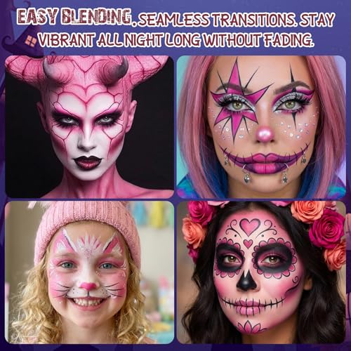 BOBISUKA Pink Cream Face & Body Paint Palette Kit with 3 Brushes 3 Sponges, Highly Pigmented Easy to Blend Long Lasting Halloween Makeup for Clown, Skull, Devil, Demon,Mermaid Costume & Theme - color: 06 Twisted Carnival Pink