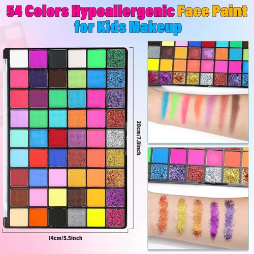 Professional Face Painting Kit for Kids and Adults – 54 Color Water Activated Cosplay Makeup Kit, Non-Toxic Body Paint with Stencils, Gems, Brushes– for Halloween FX, Bday Parties, School Event
