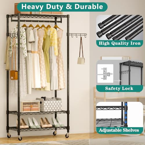 Heavy Duty Rolling Wheels Portable Metal Garment Rack, | 3 Tiers Wire Shelves Adjustable Freestanding Clothing Rack with Lockable Wheels, 47.2''L x 15.8''W x 78.8''H, Max Load 650LBS - color: Black, size: A2W: 3 Tiers with 2 Rods,47''L x 16''W x 79''H