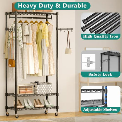 Heavy Duty Rolling Wheels Portable Metal Garment Rack, | 3 Tiers Wire Shelves Adjustable Freestanding Clothing Rack with Lockable Wheels, 47.2''L x 15.8''W x 78.8''H, Max Load 650LBS - color: Black, size: A2W: 3 Tiers with 2 Rods,47''L x 16''W x 79''H