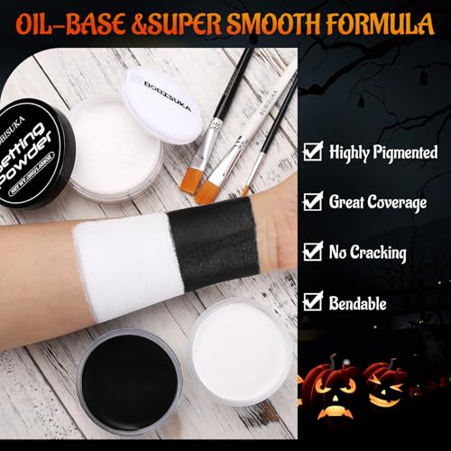 BOBISUKA Black & White Face Body Paint + Setting Powder + 3PCS Artist Brushes Face Painting Kit for Adult Large Capacity Professional Oil Based Cream Paints Palette For Halloween Clown Skeleton Vampir - color: SET 02