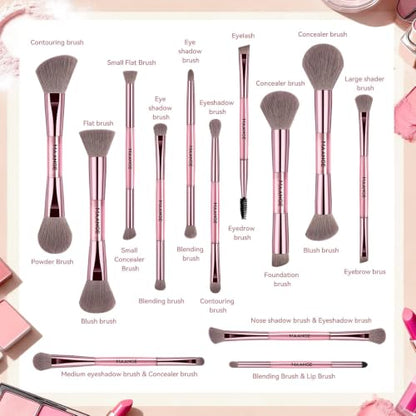 MAANGE 13 Pcs Foundation Makeup Brush Set With Bag, Make up Brushes, Double-End Multi Functional Makeup Brushes, Professional Face Brush Set Tools For Liquid Powder Concealer Cream Blush (Pink) - color: Pink