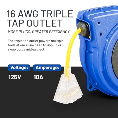 Goodyear Extension Cord Reel Retractable 16AWG x 50' Foot 3C/SJTOW Commercial Cable LED Triple Tap Connector Power 10A 125VAC 938W | 3C/SJTOW Commercial Cable LED Triple Tap Connector Power 10A 125VAC 938W