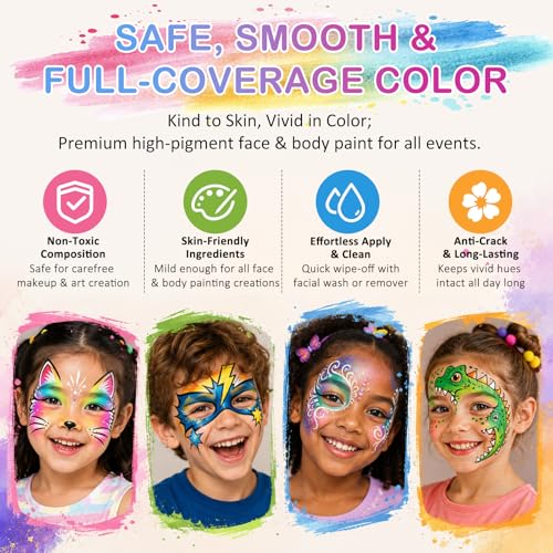 42 Colors Face Painting Kit for Kids -Water Activated Face paint palette | Face Painting Kit with 18 Matte, 16 Glitter and 8 UV-reactive Colors, Brushes, Stencils and Gems for Halloween and Cosplay