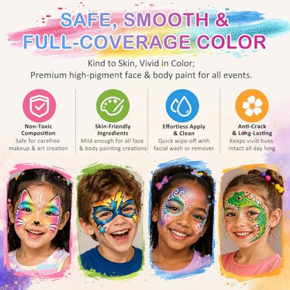 42 Colors Face Painting Kit for Kids -Water Activated Face paint palette | Face Painting Kit with 18 Matte, 16 Glitter and 8 UV-reactive Colors, Brushes, Stencils and Gems for Halloween and Cosplay