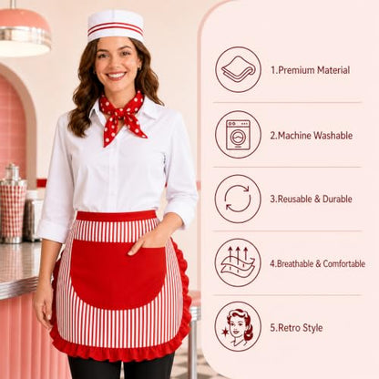 5Pcs Adult 1950s Waitress Costume Kit for Women Retro Soda Jerk Circus | Movie Night Carnival Worker Costume Set with Striped Apron Hat Polka-dot Scarf Snack Tray for Halloween 50s Party Cosplay